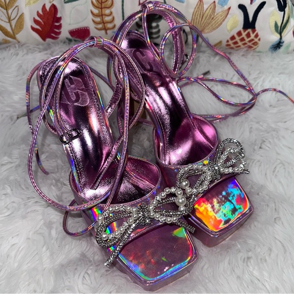 Dolls Kill • Iridescent Pink Lace Up Pyramid Heels - Picture 3 of 16